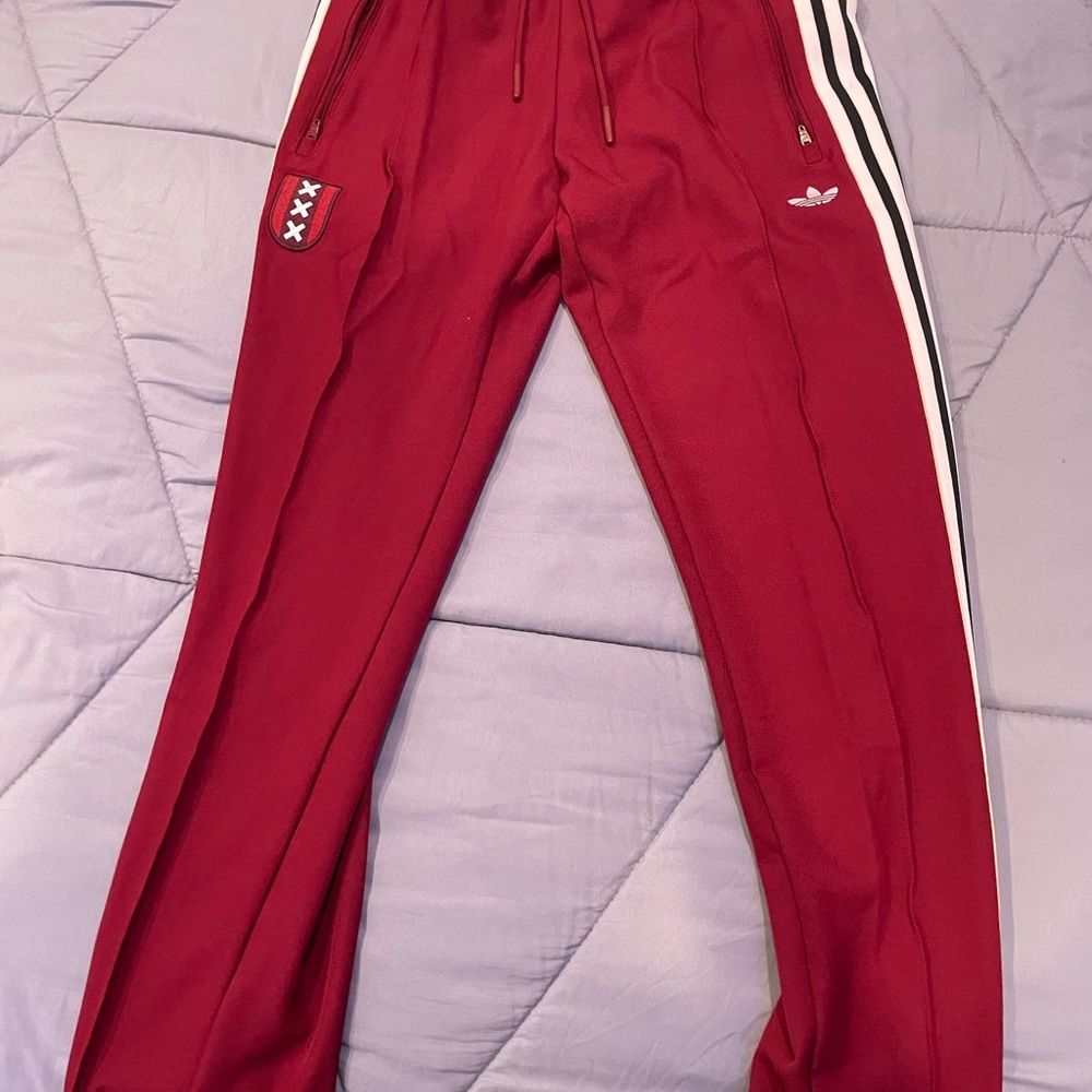 Adidas Burgundy Track Pants with White Stripes